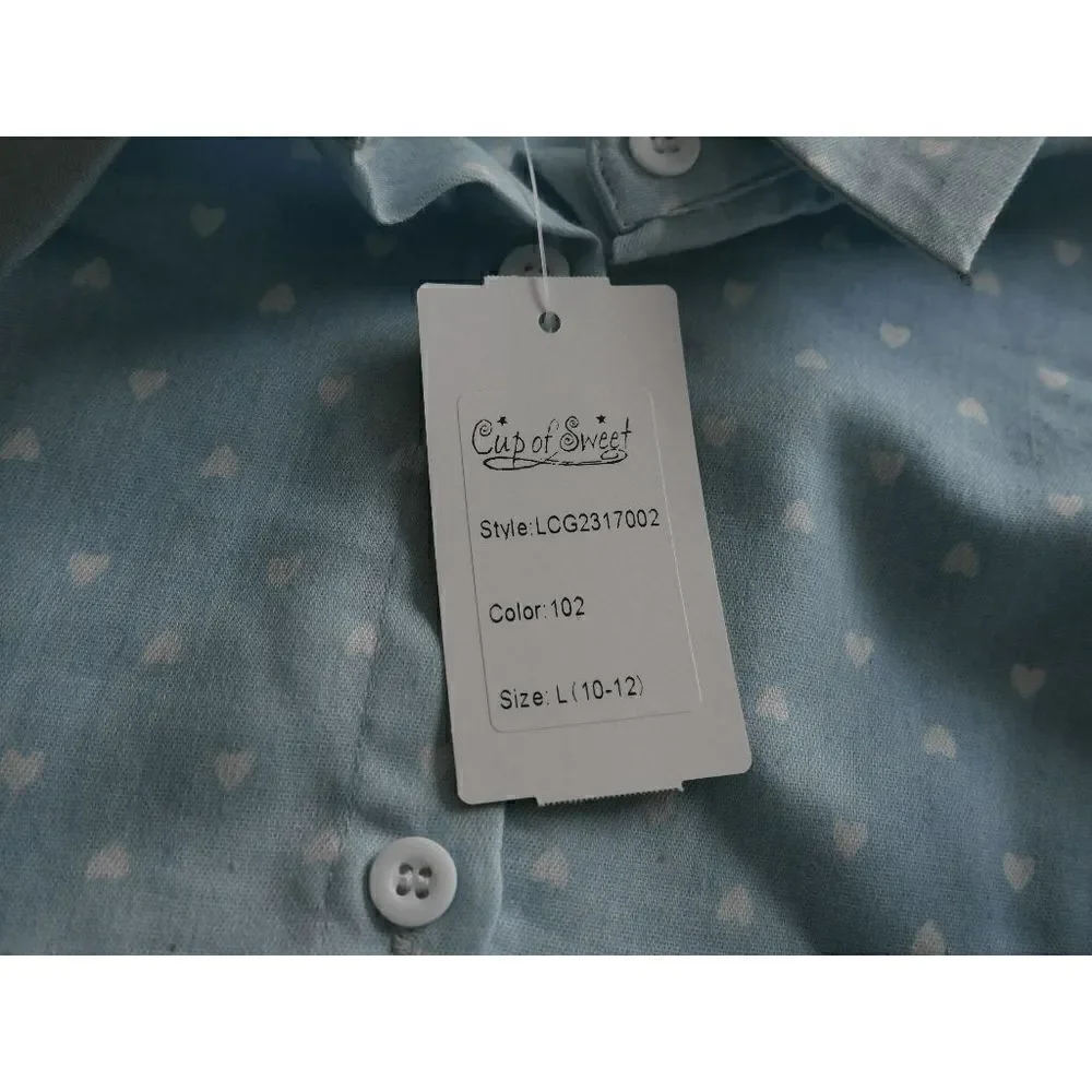 Blue & White Dot Tie-Front Button-Up & Denim Pants Set L (10/12)